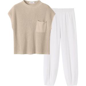 imageANRABESS Women Two Piece Outfits Summer Sweater Vest Crop Top Pants Lounge Matching Set Travel Airport Beach Vacation ClothesKhaki White