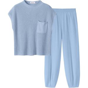imageANRABESS Women Two Piece Outfits Summer Sweater Vest Crop Top Pants Lounge Matching Set Travel Airport Beach Vacation ClothesSky
