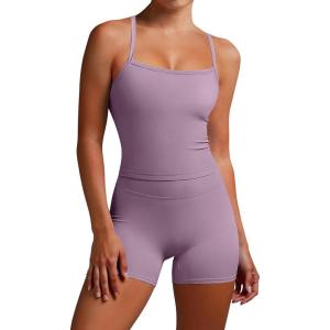 imageANRABESS Women Workout Sets Build in Bra 2 Piece Outfits Tank Tops Tummy Control Shorts Yoga Gym Active Wear Clothing SetGrey Purple