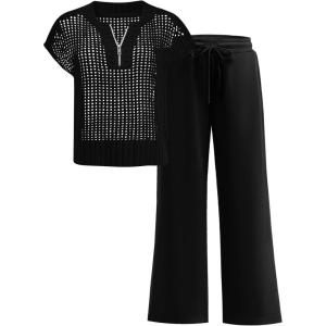 imageANRABESS Womens 2 Piece Outfits Crochet Knit Half Zip Sweater Top Wide Leg Pants Summer Lounge Matching Sets Travel ClothesBlack