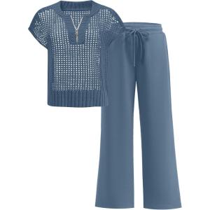 imageANRABESS Womens 2 Piece Outfits Crochet Knit Half Zip Sweater Top Wide Leg Pants Summer Lounge Matching Sets Travel ClothesGrey Blue