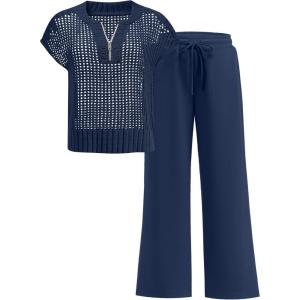imageANRABESS Womens 2 Piece Outfits Crochet Knit Half Zip Sweater Top Wide Leg Pants Summer Lounge Matching Sets Travel ClothesNavy Blue