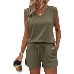 imageANRABESS Womens 2 Piece Shorts Sets 2026 Summer Casual Cap Sleeve Top Matching Lounge Outfits Travel Beach Vacation ClothesArmy Green