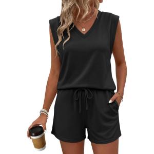 imageANRABESS Womens 2 Piece Shorts Sets 2026 Summer Casual Cap Sleeve Top Matching Lounge Outfits Travel Beach Vacation ClothesBlack