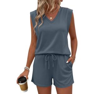 imageANRABESS Womens 2 Piece Shorts Sets 2026 Summer Casual Cap Sleeve Top Matching Lounge Outfits Travel Beach Vacation ClothesDeep Grey