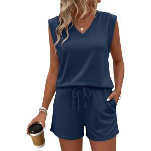 imageANRABESS Womens 2 Piece Shorts Sets 2026 Summer Casual Cap Sleeve Top Matching Lounge Outfits Travel Beach Vacation ClothesNavy Blue