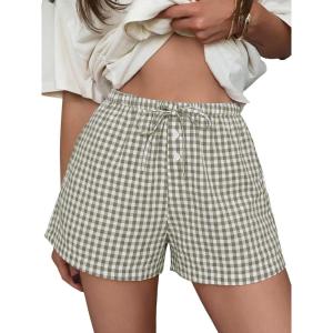 imageANRABESS Womens Boxer Shorts Summer Gingham Striped Drawstring Pajama Lounge Shorts With Pockets Trendy Cute Beach BottomsArmy Green White Plaid