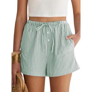 imageANRABESS Womens Boxer Shorts Summer Gingham Striped Drawstring Pajama Lounge Shorts With Pockets Trendy Cute Beach BottomsGreen White Stripe