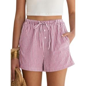 imageANRABESS Womens Boxer Shorts Summer Gingham Striped Drawstring Pajama Lounge Shorts With Pockets Trendy Cute Beach BottomsRed White Stripe
