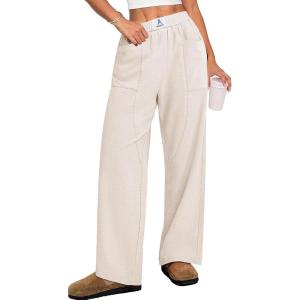 imageANRABESS Womens Casual Pants High Waisted Elastic Waist Straight Leg Trousers 2026 Summer Loose Fit Lounge Pants with PocketsBeige