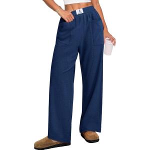 imageANRABESS Womens Casual Pants High Waisted Elastic Waist Straight Leg Trousers 2026 Summer Loose Fit Lounge Pants with PocketsNavy Blue
