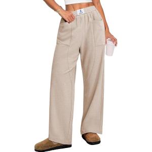 imageANRABESS Womens Casual Pants High Waisted Elastic Waist Straight Leg Trousers 2026 Summer Loose Fit Lounge Pants with PocketsParchment