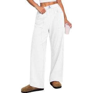 imageANRABESS Womens Casual Pants High Waisted Elastic Waist Straight Leg Trousers 2026 Summer Loose Fit Lounge Pants with PocketsWhite