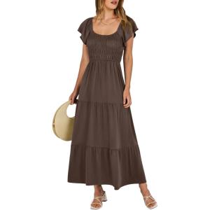 imageANRABESS Womens Casual Summer Maxi Dress Flutter Short Sleeve Scoop Neck Smocked A Line Flowy Beach Vacation Long DressesCoffee