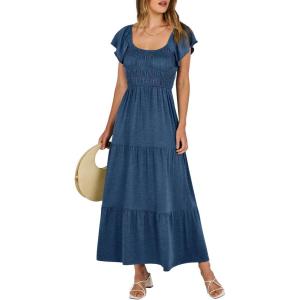 imageANRABESS Womens Casual Summer Maxi Dress Flutter Short Sleeve Scoop Neck Smocked A Line Flowy Beach Vacation Long DressesDeep Blue