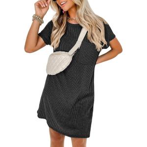 imageANRABESS Womens Casual Summer Ribbed Knit Tunic Tshirt Mini Dresses 2026 Trendy Crewneck Short Sleeve Beach Loose Shift DressDark Gray