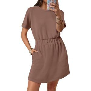 imageANRABESS Womens Dresses 2026 Summer Casual Short Sleeve Crew Neck Elastic Waist Mini T Shirt Dress with PocketsBrown