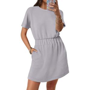 imageANRABESS Womens Dresses 2026 Summer Casual Short Sleeve Crew Neck Elastic Waist Mini T Shirt Dress with PocketsLight Grey