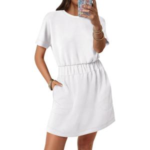 imageANRABESS Womens Dresses 2026 Summer Casual Short Sleeve Crew Neck Elastic Waist Mini T Shirt Dress with PocketsWhite