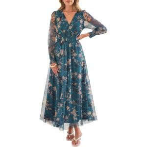 imageANRABESS Womens Floral Maxi Dress 2025 Fall V Neck Puff Long Sleeve Flowy Casual Wedding Guest Tea Party Tulle DressesApricot Black Flower