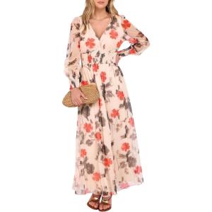 imageANRABESS Womens Floral Maxi Dress 2025 Fall V Neck Puff Long Sleeve Flowy Casual Wedding Guest Tea Party Tulle DressesBlack Red Flower