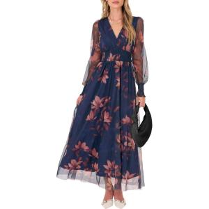 imageANRABESS Womens Floral Maxi Dress 2025 Fall V Neck Puff Long Sleeve Flowy Casual Wedding Guest Tea Party Tulle DressesBrown Floral Dark Blue