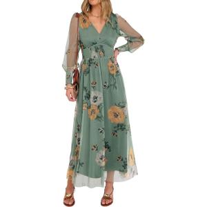 imageANRABESS Womens Floral Maxi Dress 2025 Fall V Neck Puff Long Sleeve Flowy Casual Wedding Guest Tea Party Tulle DressesDusty Olive Floral