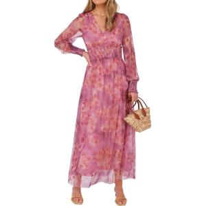 imageANRABESS Womens Floral Maxi Dress 2025 Fall V Neck Puff Long Sleeve Flowy Casual Wedding Guest Tea Party Tulle DressesDusty Orchid Floral