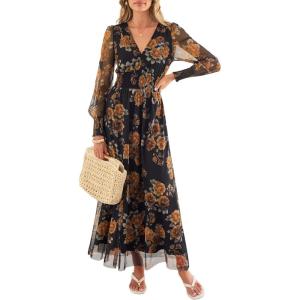imageANRABESS Womens Floral Maxi Dress 2025 Fall V Neck Puff Long Sleeve Flowy Casual Wedding Guest Tea Party Tulle DressesFloral Black Yellow