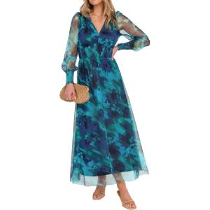 imageANRABESS Womens Floral Maxi Dress 2025 Fall V Neck Puff Long Sleeve Flowy Casual Wedding Guest Tea Party Tulle DressesFloral Lake Blue
