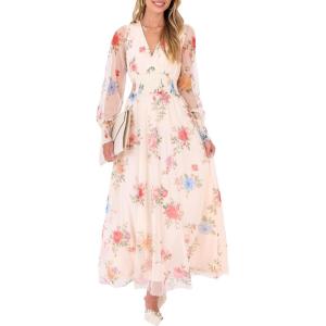 imageANRABESS Womens Floral Maxi Dress 2025 Fall V Neck Puff Long Sleeve Flowy Casual Wedding Guest Tea Party Tulle DressesMulticolored Rose Apricot