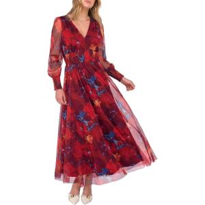 imageANRABESS Womens Floral Maxi Dress 2025 Fall V Neck Puff Long Sleeve Flowy Casual Wedding Guest Tea Party Tulle DressesNavy Red Floral