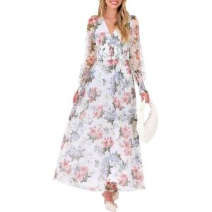 imageANRABESS Womens Floral Maxi Dress 2025 Fall V Neck Puff Long Sleeve Flowy Casual Wedding Guest Tea Party Tulle DressesPink Peony White