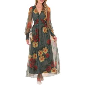 imageANRABESS Womens Floral Maxi Dress 2025 Fall V Neck Puff Long Sleeve Flowy Casual Wedding Guest Tea Party Tulle DressesRed and Yellow Rose