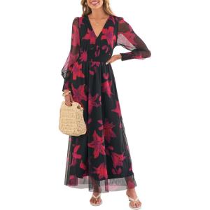 imageANRABESS Womens Floral Maxi Dress 2025 Fall V Neck Puff Long Sleeve Flowy Casual Wedding Guest Tea Party Tulle DressesRose Red Flower