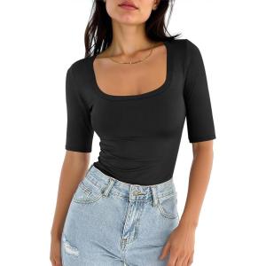 imageANRABESS Womens Half Sleeve Tops Square Neck Slim Fit TShirt Summer 2026 Fashion Casual Basic Tee Shirts Spring Work OutfitsBlack