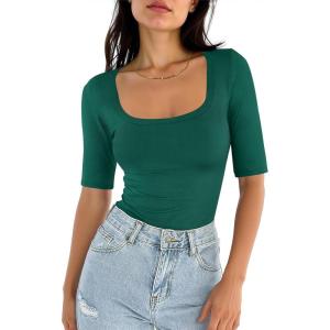 imageANRABESS Womens Half Sleeve Tops Square Neck Slim Fit TShirt Summer 2026 Fashion Casual Basic Tee Shirts Spring Work OutfitsForest Green