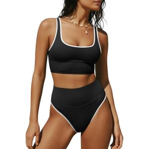imageANRABESS Womens High Waisted Bikini Sets Two Piece Tummy Control Swimsuits High Cut Summer Beach Vacation Bathing SuitsBlack White