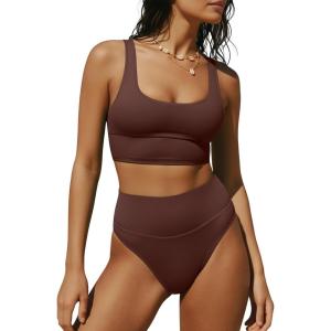 imageANRABESS Womens High Waisted Bikini Sets Two Piece Tummy Control Swimsuits High Cut Summer Beach Vacation Bathing SuitsBrown Red