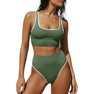 imageANRABESS Womens High Waisted Bikini Sets Two Piece Tummy Control Swimsuits High Cut Summer Beach Vacation Bathing SuitsOlive Green