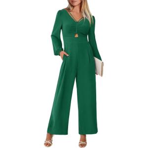imageANRABESS Womens Jumpsuits Dressy Long Sleeve Wide Leg V Neck Pants Rompers 2026 Fall Formal One Piece Wedding Guest OutfitsForest Green