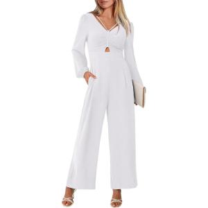 imageANRABESS Womens Jumpsuits Dressy Long Sleeve Wide Leg V Neck Pants Rompers 2026 Fall Formal One Piece Wedding Guest OutfitsWhite