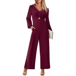 imageANRABESS Womens Jumpsuits Dressy Long Sleeve Wide Leg V Neck Pants Rompers 2026 Fall Formal One Piece Wedding Guest OutfitsWine Red