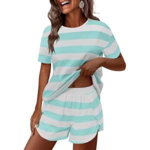 imageANRABESS Womens Striped Pajamas Sets 2026 Summer 2 Piece Lounge Matching Short PJ Set Side Split Spring Sleepwear OutfitsGreen White Wide Striped