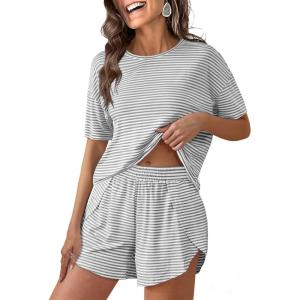 imageANRABESS Womens Striped Pajamas Sets 2026 Summer 2 Piece Lounge Matching Short PJ Set Side Split Spring Sleepwear OutfitsGrey White Striped