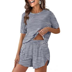 imageANRABESS Womens Striped Pajamas Sets 2026 Summer 2 Piece Lounge Matching Short PJ Set Side Split Spring Sleepwear OutfitsNavy Blue White Striped