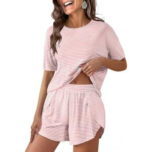imageANRABESS Womens Striped Pajamas Sets 2026 Summer 2 Piece Lounge Matching Short PJ Set Side Split Spring Sleepwear OutfitsPink White Striped
