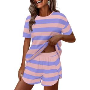 imageANRABESS Womens Striped Pajamas Sets 2026 Summer 2 Piece Lounge Matching Short PJ Set Side Split Spring Sleepwear OutfitsPurple Pink Wide Striped