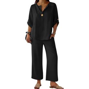 imageANRABESS Womens Summer 2 Piece Lounge Sets 34 Sleeve V Neck Top Wide Leg Palazzo Pants Set 2026 Beach Travel OutfitsBlack
