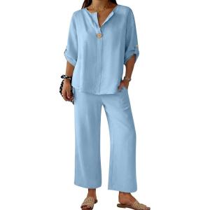 imageANRABESS Womens Summer 2 Piece Lounge Sets 34 Sleeve V Neck Top Wide Leg Palazzo Pants Set 2026 Beach Travel OutfitsBright Blue